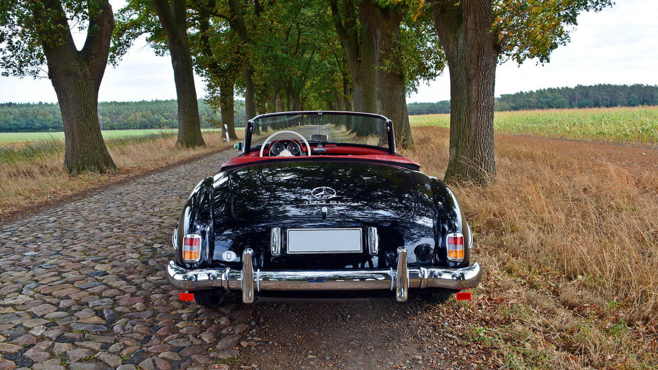 Rear view of a classic convertible sports car in an open field on a tree lined cobblestoned country road 